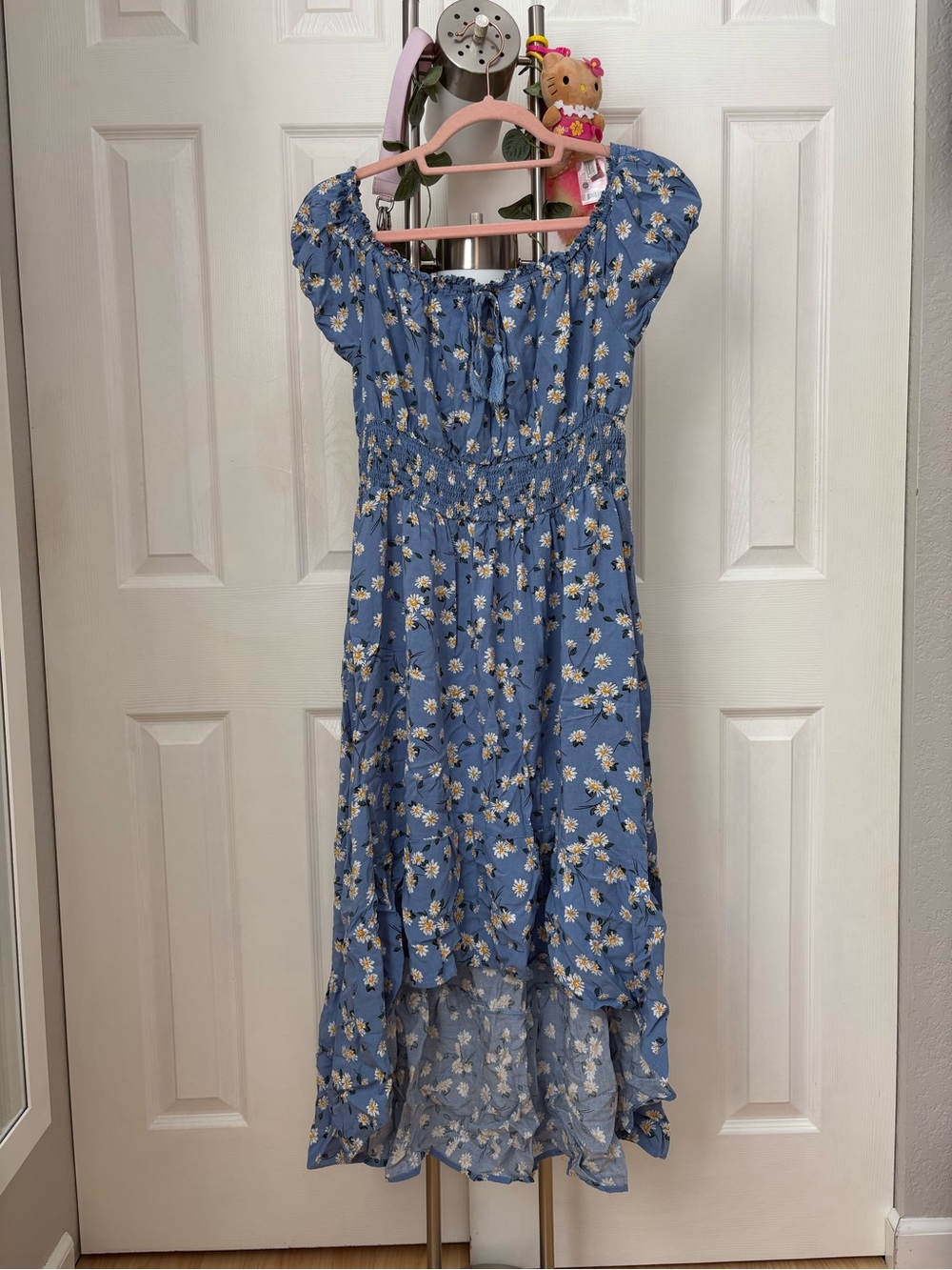 Blue Floral Smocked Midi Dress
